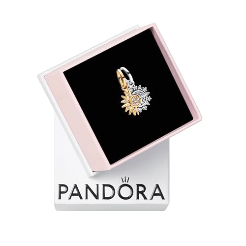 PANDORA Splittable Sun & Moon Dangle Charm | Sterling Silver, 14k Gold Plating & Cubic Zirconia, Compatible with PANDORA Moments & ME, Jewelry for Women with Gift Box
