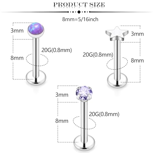Threadless Noses Rings, Flat Back Earrings, 20/18/16g-Gauge 5/16in-Post 3mm-Top, Hypoallergenic Surgical Steel Medusa Lip Labret Cartilage Helix Tragus Conch Piercing Jewelry for Women Men - color: Purple, size: 20g*8mm
