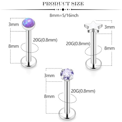 Threadless Noses Rings, Flat Back Earrings, 20/18/16g-Gauge 5/16in-Post 3mm-Top, Hypoallergenic Surgical Steel Medusa Lip Labret Cartilage Helix Tragus Conch Piercing Jewelry for Women Men - color: Purple, size: 20g*8mm