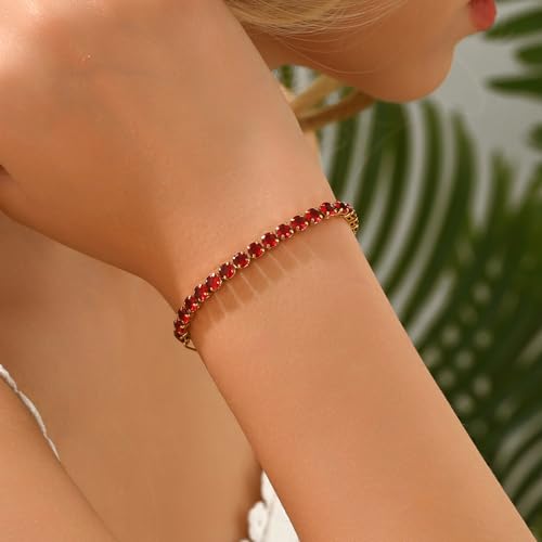 18K Gold Plated Tennis Bracelets for Women, Adjustable Cubic Zirconia Bracelet with Multi-color 4mm CZ Diamond Paperclip Chain, Dainty Trendy Birthday Bridal Jewelry Gifts for Women Daily Party Wear - color: Red
