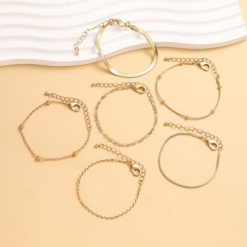 Wgoud Waterproof Gold Bracelets for Women Trendy, Dainty 14K Real Gold Plated Fashion Stackable Bracelet Sets for Women Thin Cuban Link Paperclip Chain Bracelets Layered Gold Jewelry Sets Gifts for Womens - color: 6Pcs Gold Bracelet A
