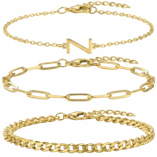 3PCS Gold Bracelet Set for Women, 14K Gold Plated Initial Letter Jewelry, Layered Paperclip and Cuban Chain Stack, Adjustable Stainless Steel Gift - style: Initial-Z