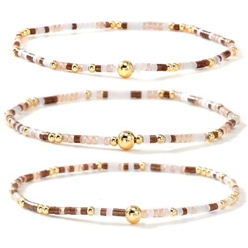 Colorful Gold Beaded Bracelets for Women Boho Tiny Gold Plated Ball Stretch Stackable Small Seed Beads Bracelet Stack Trendy Jewelry Set Dainty Vacation Friendship Christmas Gifts for Women - color: Brown