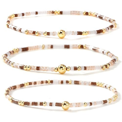 Colorful Gold Beaded Bracelets for Women Boho Tiny Gold Plated Ball Stretch Stackable Small Seed Beads Bracelet Stack Trendy Jewelry Set Dainty Vacation Friendship Christmas Gifts for Women - color: Brown