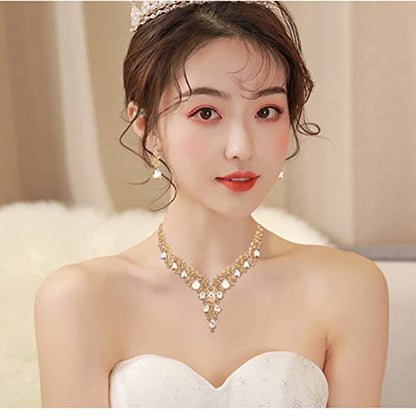 CSY Elegant Crystal Costume Jewelry Sets Flower Bridal Necklace Earrings Stretch Bangle Set for Bride Bridesmaid Wedding Dress Accessories - color: champagne gold