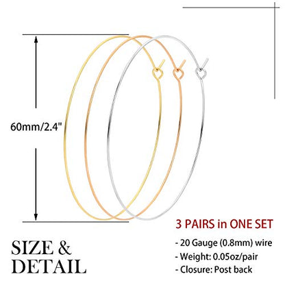 3 Pairs Thin Extra Large Hoop Earrings Set，Fashion Huge Gold Hoops 18k Gold Plated Lightweight Stainless Steel Hoops Big Geometric Round Gold Hoop Earrings Set Minimalist Jewelry for Women - size: 60MM