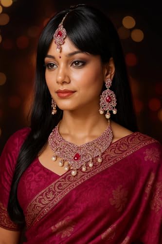 Touchstone Indian jewelry sets for women tikka wedding necklace costume guest statement bollywood rhinestones crystal faux pearls gold big royal neck piece set bridal fashion accessories - color: Pink