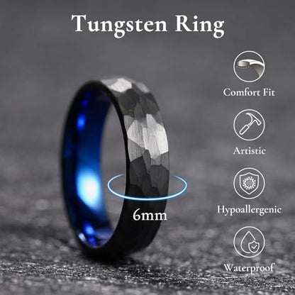 King Will Men's Tungsten Carbide Wedding Ring Hammered Groove Wedding Band Mens Two Tone Engagement Ring for Men and Women Matte Brushed Finish Comfort Fit - color: Black & Blue 6mm