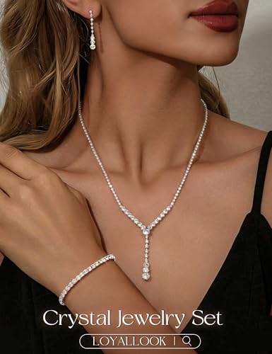 Crystal Silver Necklace and Earrings with Crystal Bracelet for Women | Teardrop Dangle Earrings Rhinestone Necklace Bracelet for Bride Bridesmaid Crystal Bridal Wedding Party Jewelry Sets - style: crystal neckalce+elastic bracelet