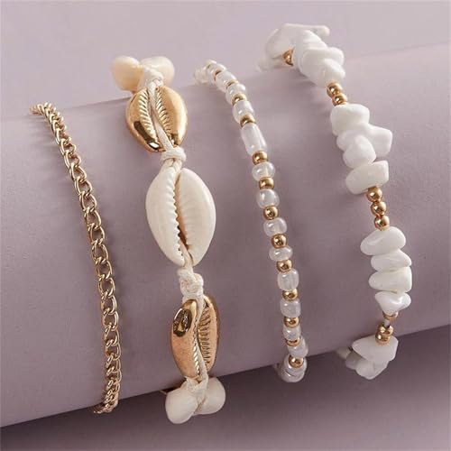 Shell Ankle Bracelet Set for Women,Boho Adjustable Beads Anklet Pack Natural White Shells Stack Stretch Seashell Pearl Starfish Bracelet Set Hawaiian Beach Vacation Foot Jewelry - style: E-Shell Beads 4Pcs