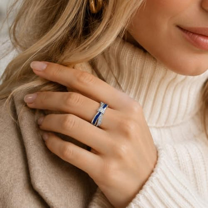 1 Ct Blue Sapphire Crystal Promise Engagement Ring September Birthstone Cubic Zirconia Ring for Women White Gold Plated