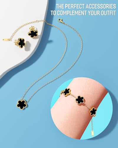 AICase Clover Jewelry Set,18K Gold Plated Lucky Clover Bracelet,Four Leaf Clover Necklace and Clover Earrings Fashion Jewelry Sets Gifts for Women/Mon - color: Black