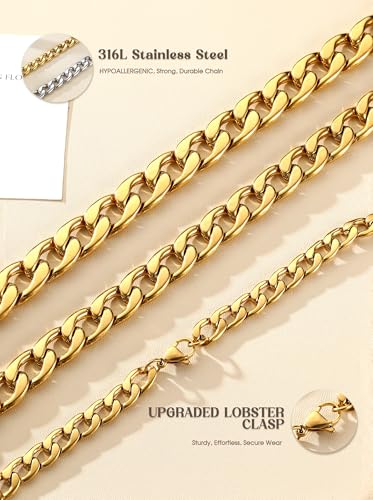 sailimue Chunky 18K Gold Plated Necklace Non Tarnish Heavy-Duty Stainless Steel Cuban Link Chain for Women Men Hypoallergenic Thick Choker Chain Necklaces Unisex Statement Jewelry Gift 9/13/15mm - color: Gold