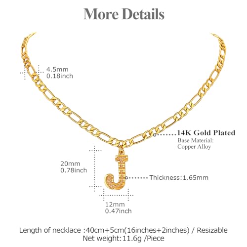 14K Gold Plated Initial Necklaces for Women Men A-Z Letter Necklaces | Figaro Chain, 16"+2" Adjustable Length, with Gift Box - style: J