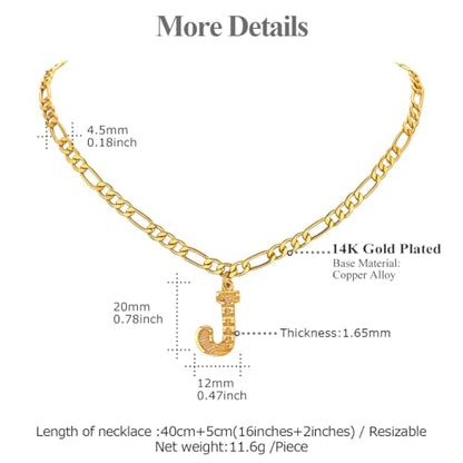 14K Gold Plated Initial Necklaces for Women Men A-Z Letter Necklaces | Figaro Chain, 16"+2" Adjustable Length, with Gift Box - style: J