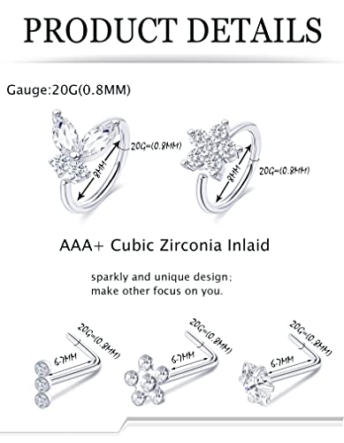 Akeoqi 12Pcs Nose Rings Stud L Shape Nose Rings Cubic Zirconia Butterfly Flower Eye Moon Crown Heart Lightning Shape Nose Studs Piercing Jewelry for Women Men Silver Gold Plated 20G - style: D:Crown&Ring