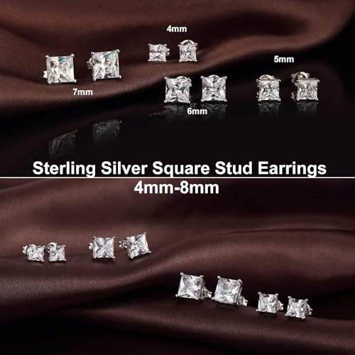 Jiamiaoi 18K White Gold Plated Stud Earrings 925 Sterling Silver Round and Square Cut Princess Cut 5A+ Cubic Zirconia Stud Earrings 4mm to 8mm Fashion Jewelry for Men Women - color: B-Silver-Square, size: 8mm