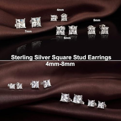 Jiamiaoi 18K White Gold Plated Stud Earrings 925 Sterling Silver Round and Square Cut Princess Cut 5A+ Cubic Zirconia Stud Earrings 4mm to 8mm Fashion Jewelry for Men Women - color: B-Silver-Square, size: 8mm