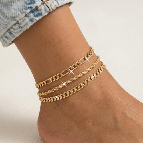 Stainless Steel Gold Plated Anklet for Women Waterproof Adjustable Figaro & Rope Layered Foot Jewelry Hypoallergenic Summer Beach Jewelry