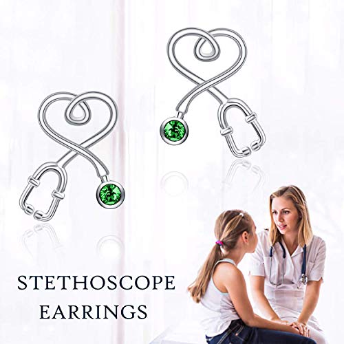 Stethoscope Earrings 925 Sterling Silver Heart Studs Earrings 12 Months Birthstone Crystals from Austria, Graduation Jewelry Gifts for Nurse Doctor RN Medical Student - color: Simulated Emerald