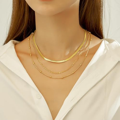 wgoud Gold Necklace for Women Waterproof,14K Real Gold Plated Herringbone Choker Necklace for Women Trendy, Dainty Gold Chain Necklaces Stack,Simple Layered Gold Necklaces for Women Jewelry Gifts - color: 3Pcs Gold Necklace B
