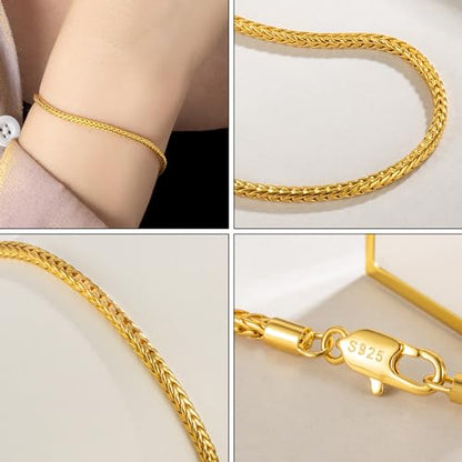 Dainty 925 Sterling Silver Chopin Chain Bracelet Women Bohemian Stackable Figaro/Box/Snake Bracelet 2MM 5 "5.9" 6.3 "6.7" 7 "7.5" 8" Jewelry Gift - color: Gold, size: 6.3 inches