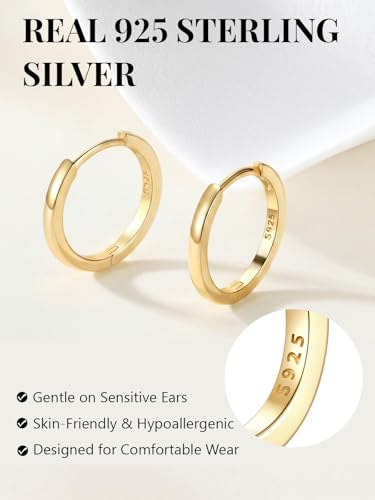 925 Sterling Silver Huggie Hoop Earrings, Small Silver Hoop Earrings for Women Hypoallergenic Huggie Lightweight Small Hoops Earring Cartilage Sleeper Earrings 6/8/10/12/14/16/18/20mm - color: Gold, size: 18MM