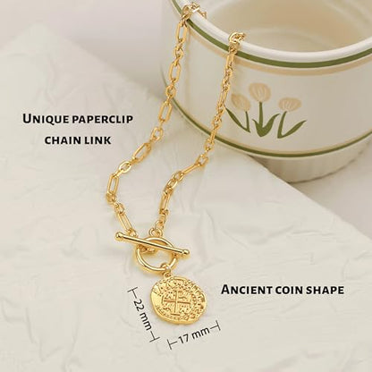 18k Gold Plated Chain Link Necklace for Women, Baroque Pearl/Compass Pendant Necklace - color: Coin Cross