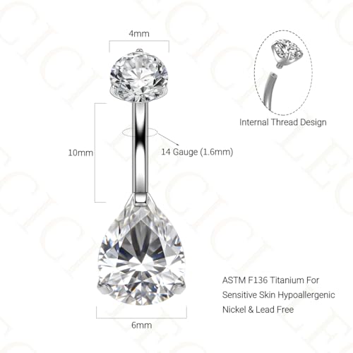 Titanium Floating Belly Button Rings 14G, ASTM F136 Implant-Grade Curved Barbell, Internal Thread with 6mm Teardrop Gems, Sparkle Navel Piercing Jewelry, 10mm/12mm Length - color: Teardrop Silver-Clear CZ, size: 3/8"(10mm)