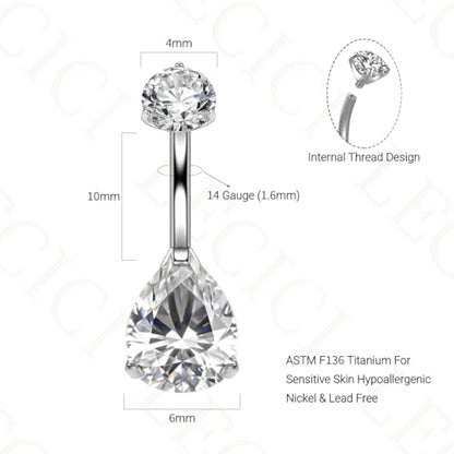 Titanium Floating Belly Button Rings 14G, ASTM F136 Implant-Grade Curved Barbell, Internal Thread with 6mm Teardrop Gems, Sparkle Navel Piercing Jewelry, 10mm/12mm Length - color: Teardrop Silver-Clear CZ, size: 3/8"(10mm)
