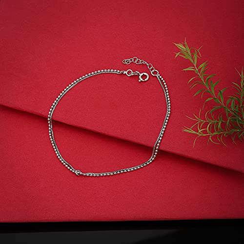 Vanbelle Sterling Silver Jewelry Double-Layered Beaded Chain Anklet with Rhodium Plating for Women