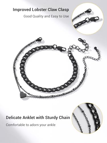 PROSTEEL Trendy Handcuffs Design/Customize Words Ankle Bracelet For Women, 316L Stainless Steel Anklets Silver/Gold/Black Tone, Hypoallergenic, Come with Box - style: 05.2 Layered-Cuban&Heart-Black