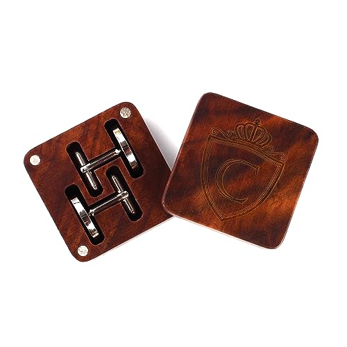Mens Initial Silver Cufflinks A-Z Alphabet Letter Steel Cuff Links with Engraved Walnut Wood Box Groom Groomsman Wedding Set… - style: C