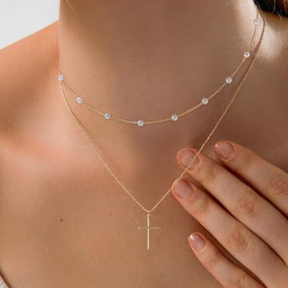 Airmb Cross Necklace for Women Gold/Silver Plated Layered Dainty Cross Chain Trendy Choker Satellite Charm Small Crucifix Pendant Gold/Silver Necklace Stackable Hypoallergenic Delicate Gift for Women - color: Gold-3PCS Cross