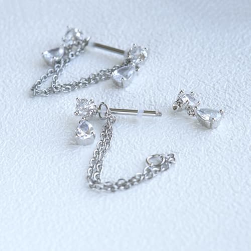 Dangle Chain Nipple Piercing Jewelry, CZ Gemstone Nipple Rings Surgical Steel for Women and Men, Silver Nipple Shields Barbell Rings, 14 Gauge A Pair