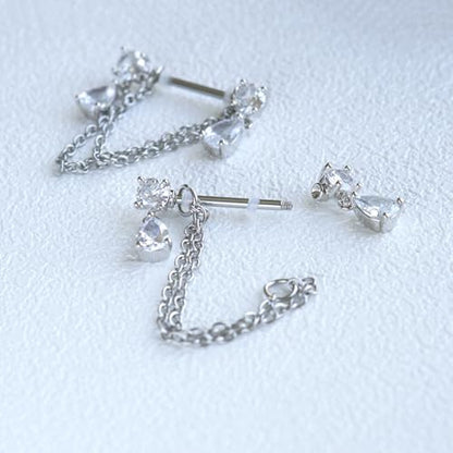 Dangle Chain Nipple Piercing Jewelry, CZ Gemstone Nipple Rings Surgical Steel for Women and Men, Silver Nipple Shields Barbell Rings, 14 Gauge A Pair