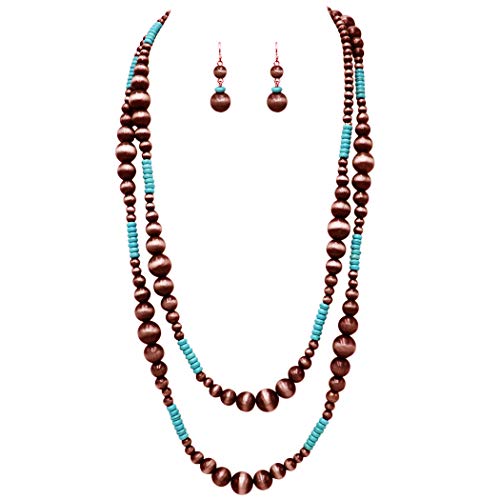 Rosemarie Collections Women's Extra Long Navajo Pearl And Turquoise Howlite Bead Statement Western Endless Strand Necklace Earrings Set, 60" - color: Metallic Copper