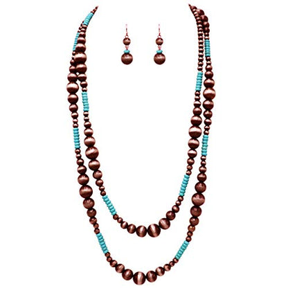 Rosemarie Collections Women's Extra Long Navajo Pearl And Turquoise Howlite Bead Statement Western Endless Strand Necklace Earrings Set, 60" - color: Metallic Copper