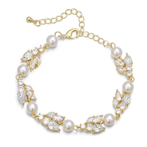 EVER FAITH Gorgeous Cubic Zirconia Pearl Wedding Link Bracelet for Bride | Marquise Teardrop Crystal Bridal Prom Jewelry, for Women Bridesmaids - style: Cluster_Clear Gold-Tone