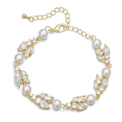 EVER FAITH Gorgeous Cubic Zirconia Pearl Wedding Link Bracelet for Bride | Marquise Teardrop Crystal Bridal Prom Jewelry, for Women Bridesmaids - style: Cluster_Clear Gold-Tone