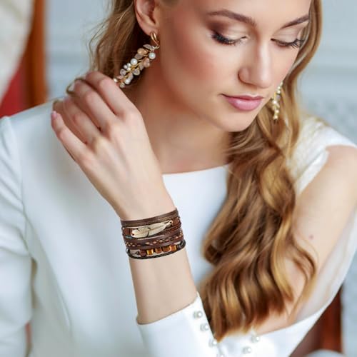 Fesciory Leather Wrap Bracelet for Women, Boho Western Layered Cuff Jewelry | Stackable Bracelets, Easy-On Clasp, Daily Wear, Pairs with Boho Western Outfits, Gift for Women - color: Brown3