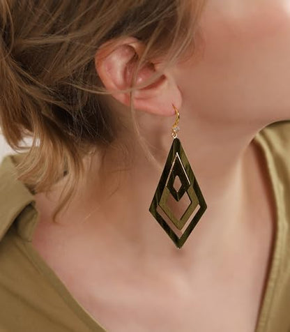 Ozel - Natural Wooden Acrylic Boho Drop Dangle Earrings for Women - Geometric Statement Jewellery - Brown, Black, Magent Red, Olive Green, White beige - color: Diamond_Olive