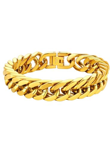 ChainsHouse Stainless Steel Cuban Link Bracelet, 6mm/8mm/12mm/17mm Width, 7.5"/8.3"/9", Black/ 18K Gold Plated Chain Wrist Bracelets for Men Women, Send Gift Box - color: N: Gold-12mm width