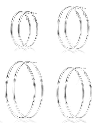 4 Pairs Gold Sliver Hoop Earrings For Women, Hypoallergenic Surgic Steel | 14K Gold Plated Stainless Steel, 30/40/50/60mm, Small Medium Large Size, Thin, Lightweight - color: 4 Pairs Silver-30/40/50/60mm