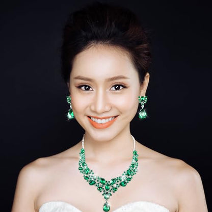 Hicarer Bridal Teardrop Cluster Crystal Jewelry Set for Women Necklace Earrings Wedding - color: Malachite Green