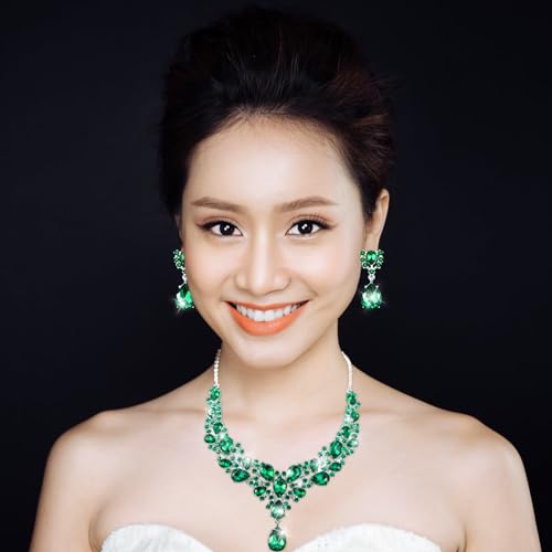 Hicarer Bridal Teardrop Cluster Crystal Jewelry Set for Women Necklace Earrings Wedding - color: Malachite Green