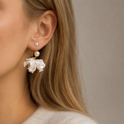 White Petal Pearl Drop Earrings for Women, Irregular Shell Flower Dangle Earrings with Gold Hoop, Elegant Statement Jewelry for Wedding Party