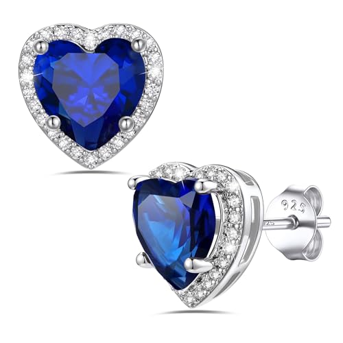 Bestyle Authentic 925 Sterling Silver 2 Carat Birthstone Earrings for Women, More Sparkle Heart/Round Solitaire Diamond Studs Earrings, Great Birthday/Christmas/Anniversary Jewelry for Wife Mother - color: 09. Sept. Sapphire-Heart
