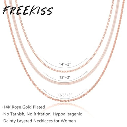 Freekiss Layered Necklace Set for Women Stackable | Herringbone Snake Cuban Rope Chain, Dainty Choker, Layered Stackable, Non Tarnish, Hypoallergenic, Adjustable 14-18.5" - color: Rose Gold, style: 3Snake+Rope+Cuban