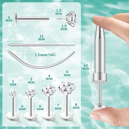 4 Pairs 16G 18G Flat Back Stud Earrings, Hypoallergenic Surgical Steel Set | CZ 2-5mm, internal thread design for nose and tragus piercings use, includes ball grabber tool for easy jewelry changes - color: 16G CZ 2/3/4/5mm Silver